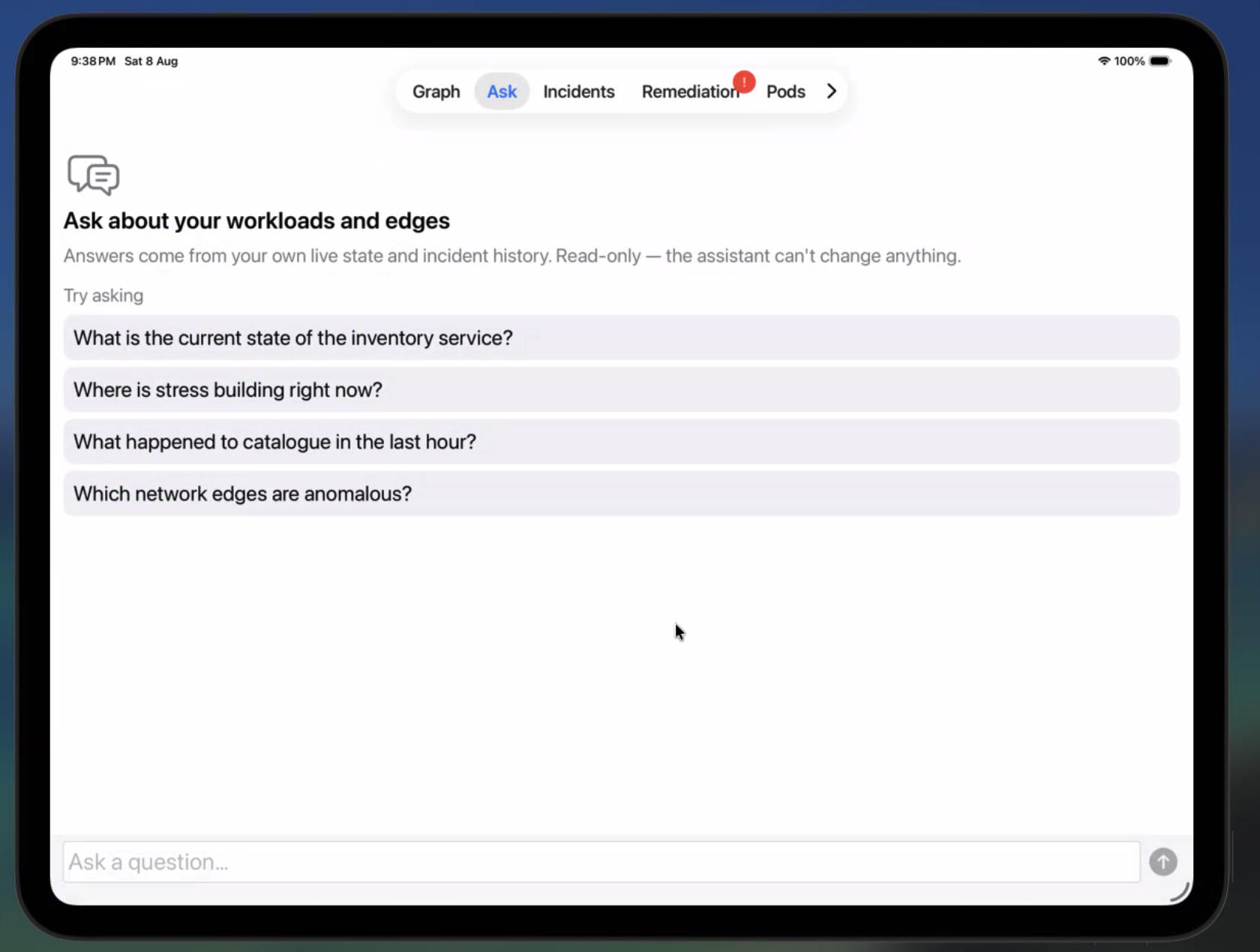 Runtime assistant interface with example questions about workloads and network edges